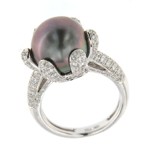 Vintage 12MM Tahitian Black Pearl Diamond Ring in 18 Karat White Gold ...