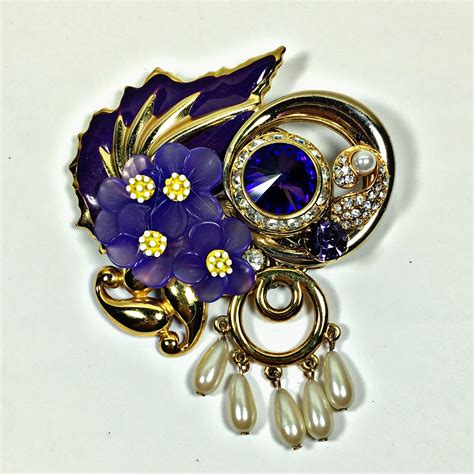 Vintage Collage Brooch Pin Purple Violet Upcycled Repurposed Etsy