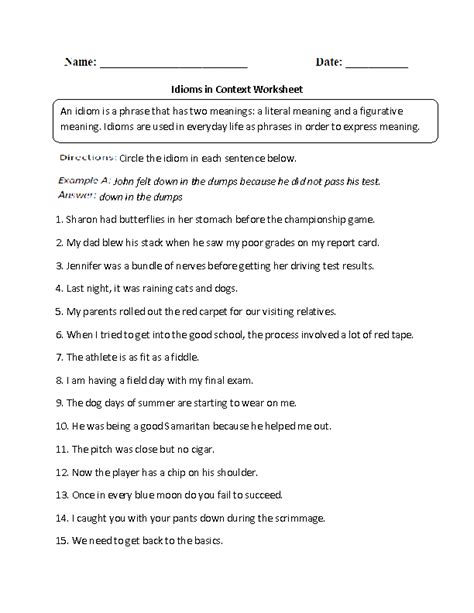 Idioms Worksheets | Idioms in Sentence Context Worksheet