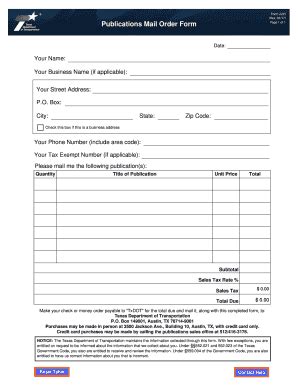 Fillable Online Ftp Dot State Tx Publications Mail Order Form Form