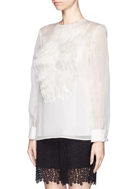 St John Silk Organza Ruffle Blouse In White Lyst