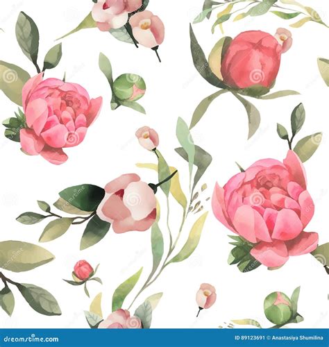 Pastel Watercolor Hand Drawn Paint Pink Flower Seamless Pattern Stock