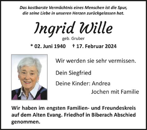 Traueranzeigen Von Ingrid Wille Schwaebische De Trauerportal