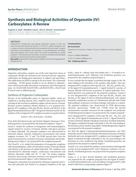 (PDF) Synthesis and Biological Activities of Organotin (IV) Carboxylates: A Review