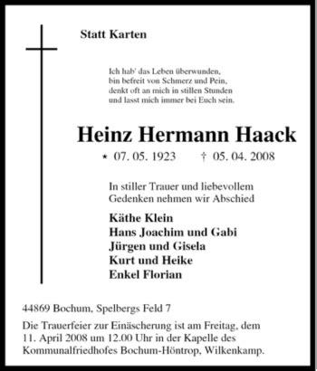 Traueranzeigen Von Heinz Hermann Haack Trauer In NRW De