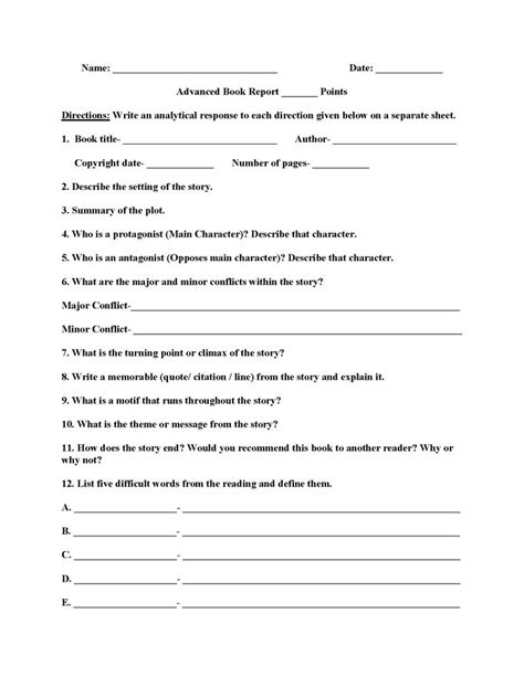 Advanced Book Report Worksheets Book Report Templates Book Report