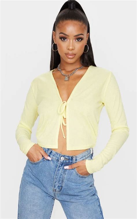 Lemon Rib Tie Front Long Sleeve Crop Top Long Sleeve Crop Top Crop