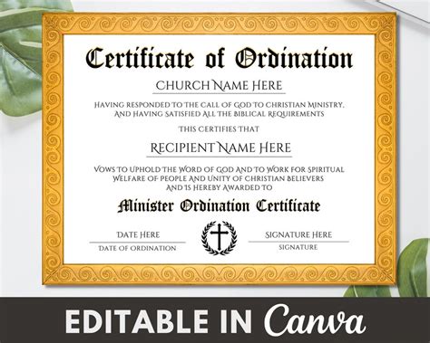 Certificate Of Ordination Template Editable Minister Etsy