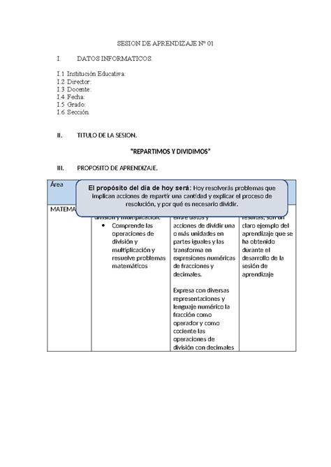 Sesion De Aprendizaje N Sesion De Aprendizaje N I Datos