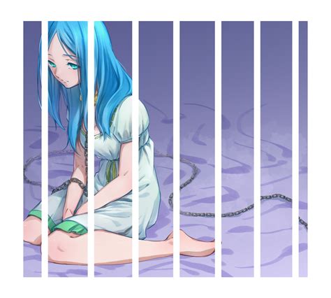 Safebooru 1girl Aqua Eyes Bangs Bare Shoulders Bed Sheet Blue Hair Chain Character Request