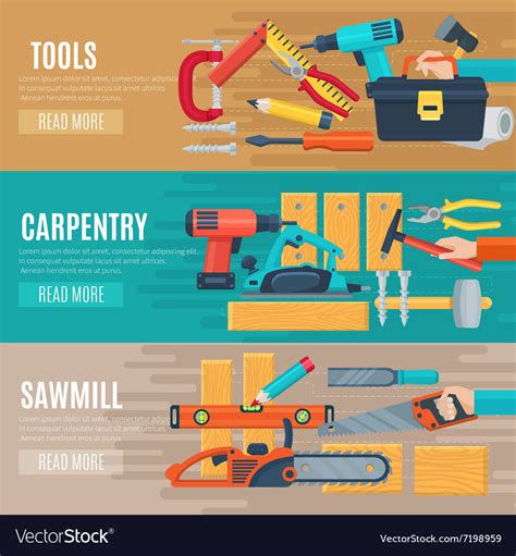 Horizontal Carpentry Banners With Tools Kit Vector Image