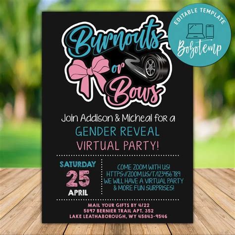 Printable Burnouts Or Bows Gender Reveal Virtual Party Invitation