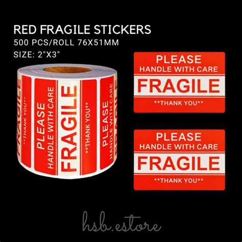 500pc Red Fragile Sticker Handle With Care Shipping Sticker Size Per Pc 3x2 Inches 76mmx50mm