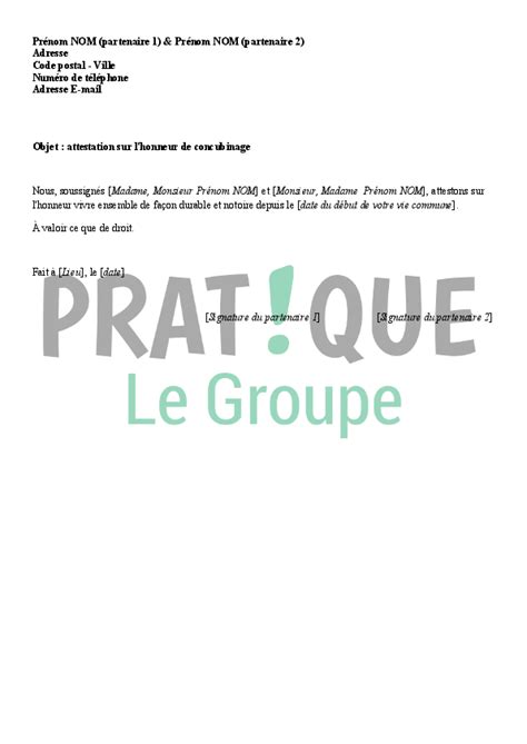 Modèle d attestation sur l honneur de concubinage aux deux noms