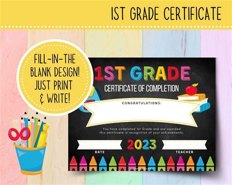 Printable 1st Grade Graduation Certificate 2023 Chalkboard Graduation