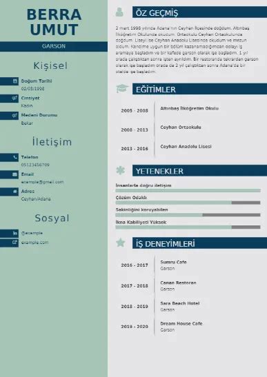 Garson CV Örnekleri Cv Lazım