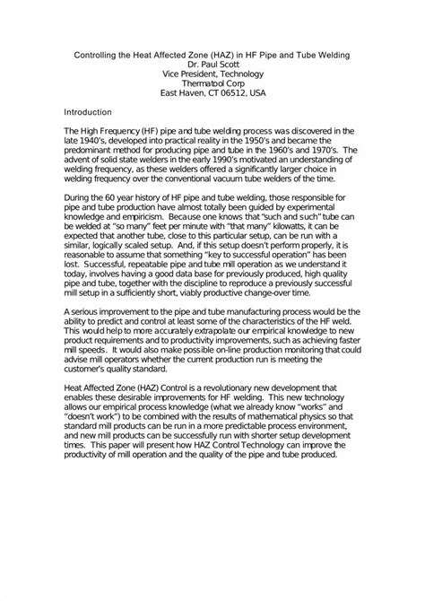 Pdf Controlling The Heat Affected Zone Haz In Hf Pipe Tube Welding