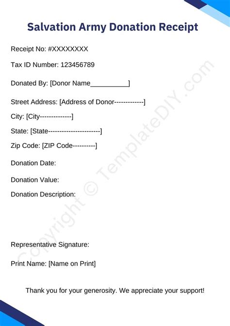 The Donation Receipt For Salvation Army Donations Is Shown In Blue And