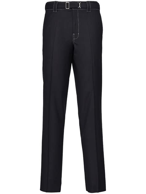 Prada Belted Wool Straight Trousers Farfetch