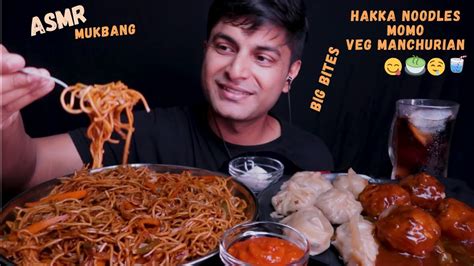 Eating Spicy Hakka Noodles Veg Manchurian Momo Coca Cola Indian