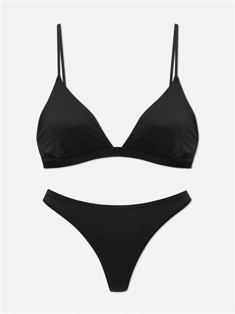 Womens Black Microfibre Triangle Bra And Thong Set Primark