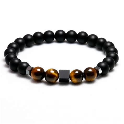 Bracelet Oeil De Tigre Homme Onyx Mat Noir Et H Matite Univers Yoga