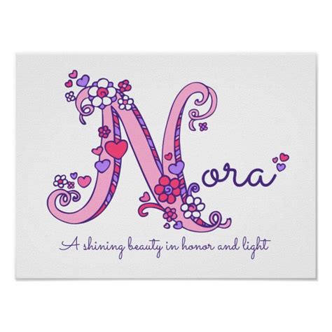 Nora Letter N Girls Name And Meaning Poster Zazzle Girl Names With