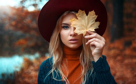 Wallpaper Women Blonde Leaves Blue Eyes Hat Portrait Depth Of