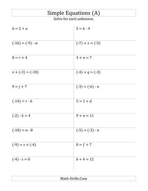 Solving One Step Equation Worksheets