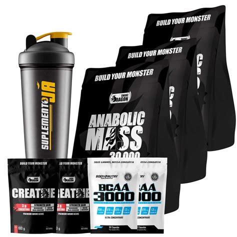 Kit 3 Hipercalórico Anabolic Mass 30000 x2 BCAA 3000 50 Caps x2