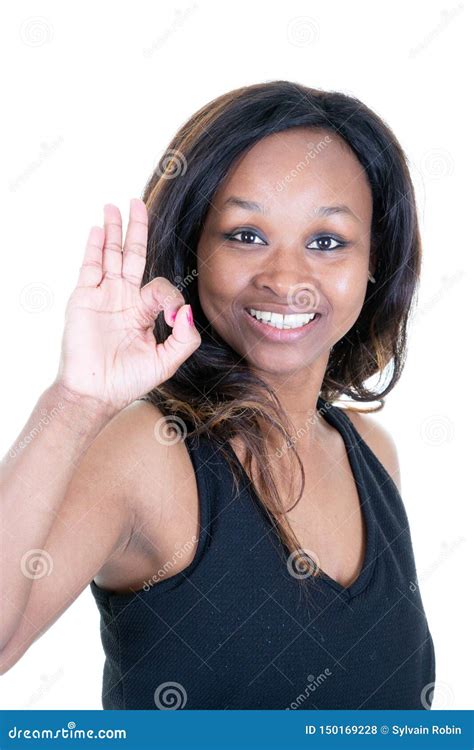 Smiling African American Woman Showing Fingers Ok Sign And Looking At