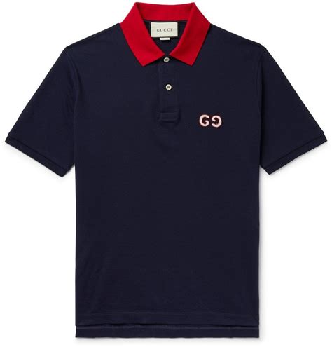 Gucci Logo Embroidered Stretch Cotton Piqué Polo Shirt Navy Gucci