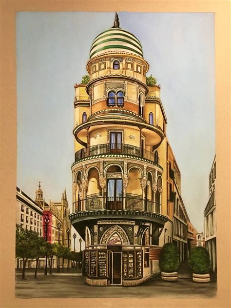 An Oil Painting Of A Building With Balconies