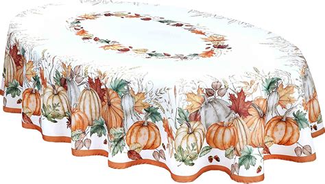 Newbridge Abundant Harvest Bordered Thanksgiving Fabric Tablecloth Pumpkin Gourd And Falling