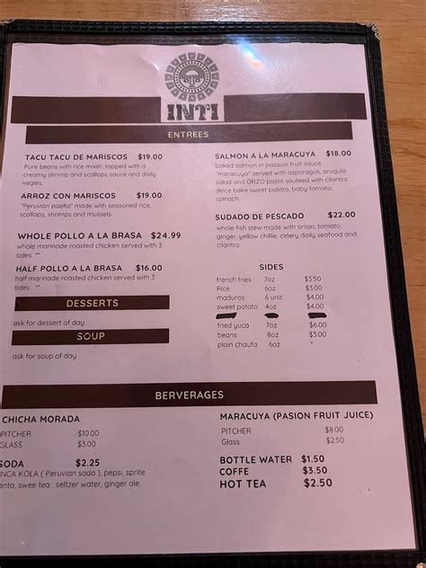 Menu At Inti Peruvian Cuisine Restaurant Minisink Hills