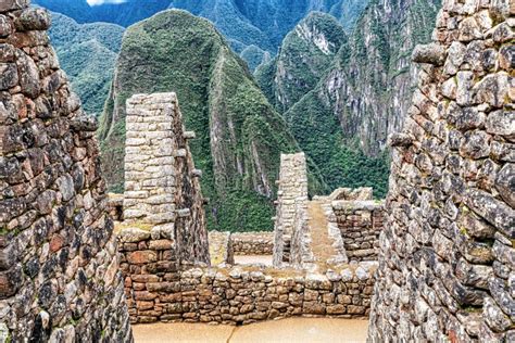 Gebouwen En Huizen In Incas Stad Machu Picchu Peru Stock Afbeelding