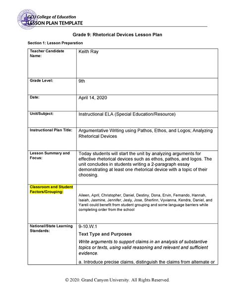 SPD 208 RS T4 Classroom Management Matrix LESSON PLAN TEMPLATE Grade