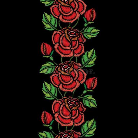 Vector Seamless Pattern With Embroidery Red Rose Flower Bud And Green Leaves On The Black