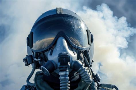 Fighter Pilot Wearing Helmet And Oxygen Mask With Smoke In Background