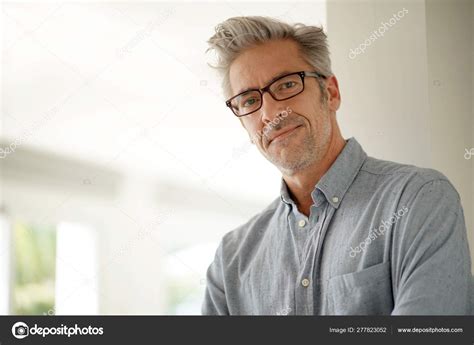 Portrait Handsome Mature Man Wearing Glasses Smiling Camera Stock