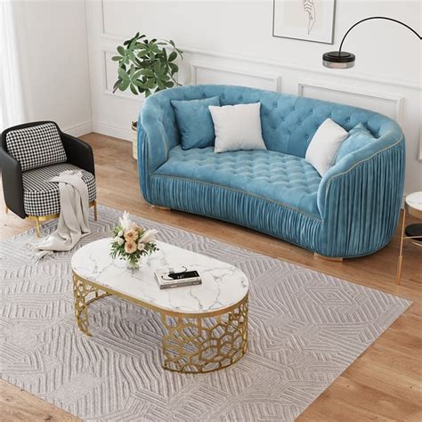 Luxury Modern Blue Velvet Curved Upholstered Tufted Seater Sofa