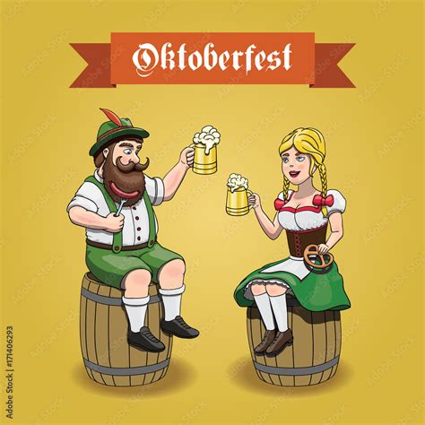 Cartoon Bavarian Man And Woman With Beer Sausage And Pretzel