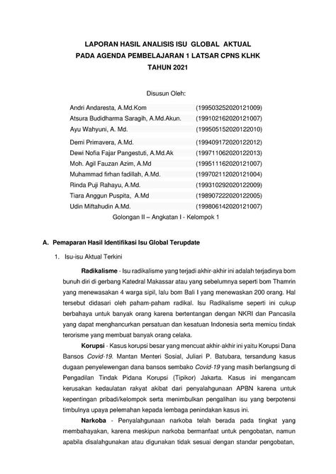 Laporan Hasil Analisis Isu Global Aktual Pada Agenda Pembelajaran 1 Latsar Cpns Klhk Tahun 2021