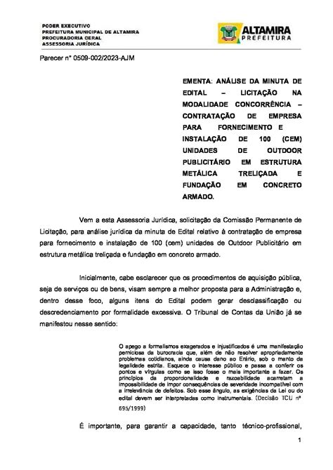 Parecer Juridico Inicial Prefeitura Municipal De Altamira Gest O