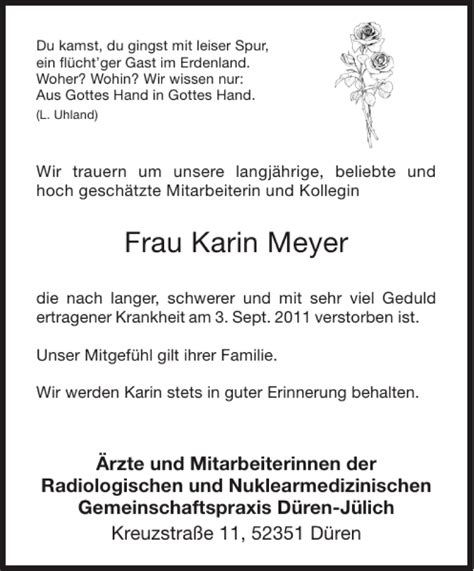 Traueranzeigen Von Frau Karin Meyer Aachen Gedenkt