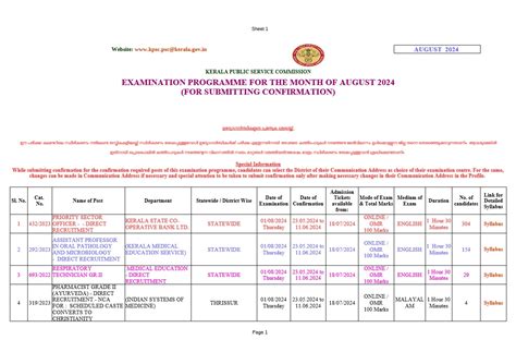 Kerala Psc Exam Calendar Pdf