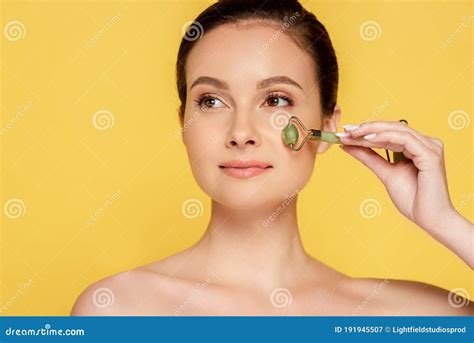 Beautiful Naked Woman Using Jade Roller Stock Image Image Of Natural