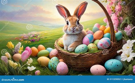 An Adorable Easter Basket With Colorful Eggs Stock Illustration