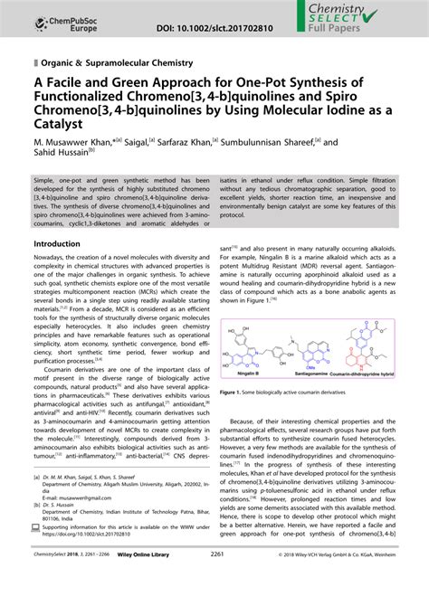 PDF A Facile And Green Approach For One Pot Synthesis Of