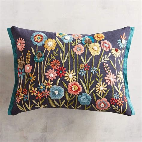 Pier 1 Imports Beaded Multifloral Navy Pillow Embroidered Cushions